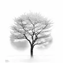 A serene scene of a cherry blossom tree casting a delicate shadow on the ground, with the wind gently rustling the petals tattoo design idea