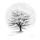 A serene scene of a cherry blossom tree casting a delicate shadow on the ground, with the wind gently rustling the petals tattoo design idea