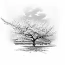 A serene scene of a cherry blossom tree casting a delicate shadow on the ground, with the wind gently rustling the petals tattoo design idea