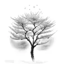 A serene scene of a cherry blossom tree casting a delicate shadow on the ground, with the wind gently rustling the petals tattoo design idea