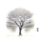 A serene scene of a cherry blossom tree casting a delicate shadow on the ground, with the wind gently rustling the petals tattoo design idea