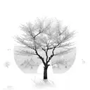 A serene scene of a cherry blossom tree casting a delicate shadow on the ground, with the wind gently rustling the petals tattoo design idea