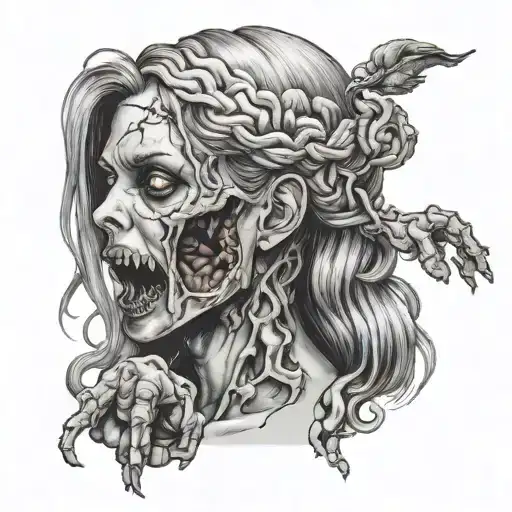 zombie girl eating brain tattoo design idea