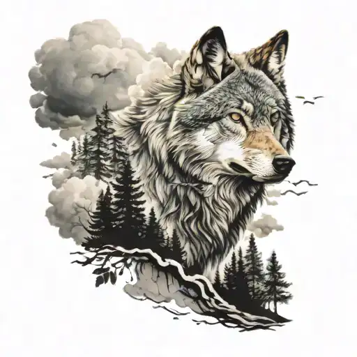wolf im wald mit raaben und in den wolken darüber selgelt ein vikinger schiff tattoo design idea