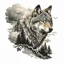 wolf im wald mit raaben und in den wolken darüber selgelt ein vikinger schiff tattoo design idea
