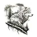 wolf im wald mit raaben und in den wolken darüber selgelt ein vikinger schiff tattoo design idea