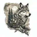 wolf im wald mit raaben und in den wolken darüber selgelt ein vikinger schiff tattoo design idea