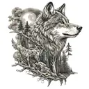 wolf im wald mit raaben und in den wolken darüber selgelt ein vikinger schiff tattoo design idea