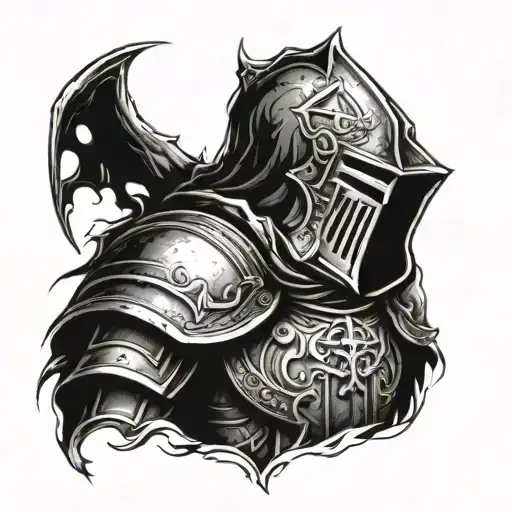 Heavy knight with hood. Demon's head, door to hell, and templar shield tattoo design idea