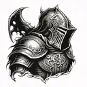 Heavy knight with hood. Demon's head, door to hell, and templar shield tattoo design idea