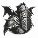 Heavy knight with hood. Demon's head, door to hell, and templar shield tattoo design idea