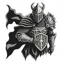 Heavy knight with hood. Demon's head, door to hell, and templar shield tattoo design idea