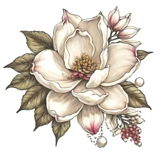 A magnolia flower blooming with pearls and rubies incorporated into the design tattoo design idea