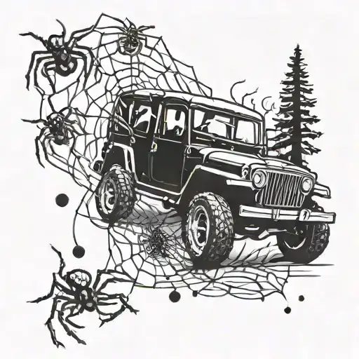 A blackwork tattoo of a spider weaving a web around a vintage off-road vehicle, symbolizing the client's love for off-roading and spiders tattoo design idea