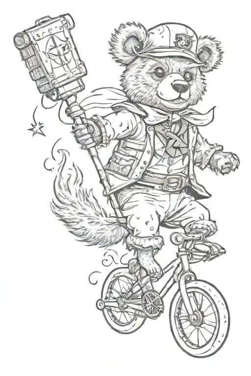 cute bear in a pirate outfit like peg leg and eyepatch but hes riding a unicycle tattoo design idea