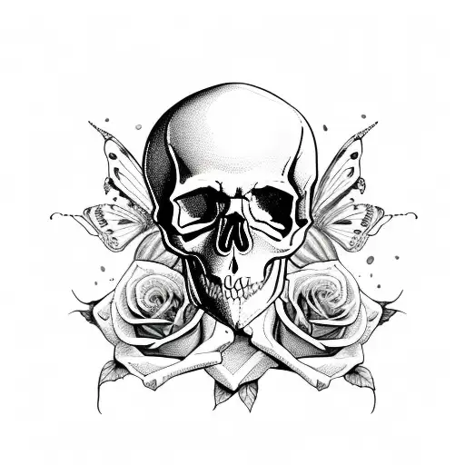 skull with rose and butterfly watercolor  tattoo design idea