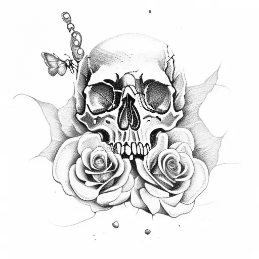 skull with rose and butterfly watercolor  tattoo design idea