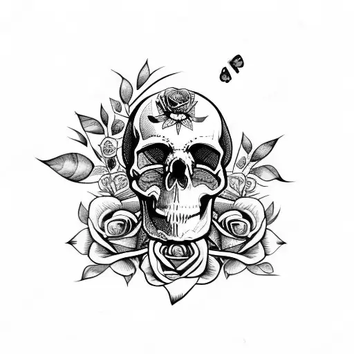 skull with rose and butterfly watercolor  tattoo design idea