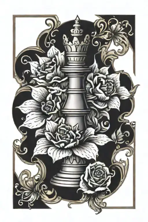 queen chess piece flower surrounded tattoo design idea