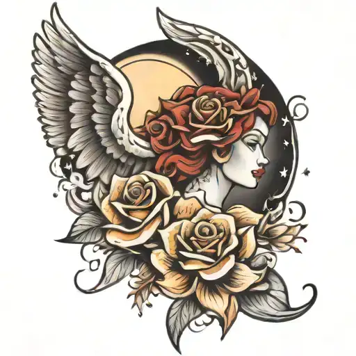 memorial for mom tattoo design featuring moons stars and angel tattoo design idea