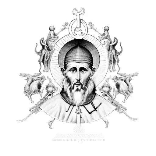 A black-grey portrait of Saint Francis of Assisi surrounded by animals, showcasing the client's love for animals and faith, in black-grey style tattoo design idea