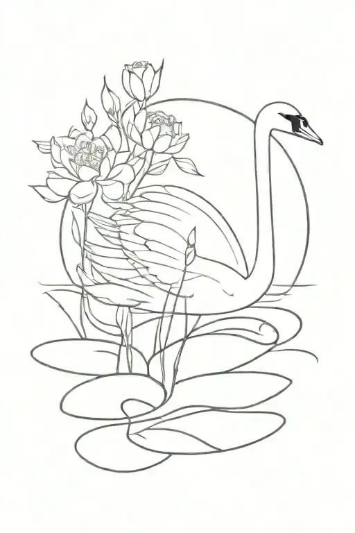 swan in lake waterlilies ,dragons flying, willow trees and peony flower , libra scale tattoo design idea