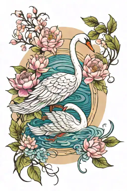 swan in lake waterlilies ,dragons flying, willow trees and peony flower , libra scale tattoo design idea