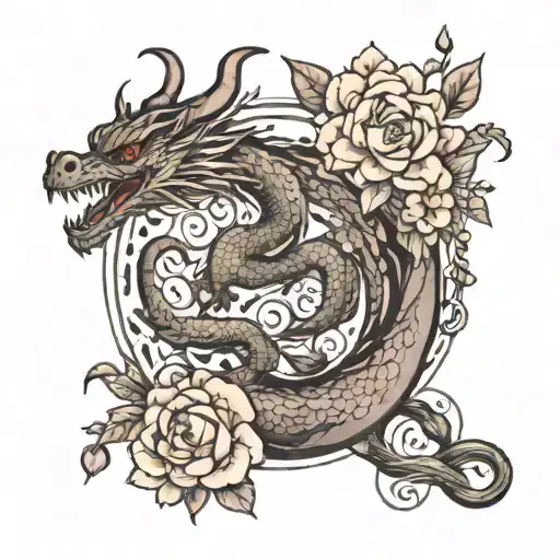 dragon, libra scale, swan ,peony, willow tree tattoo design idea