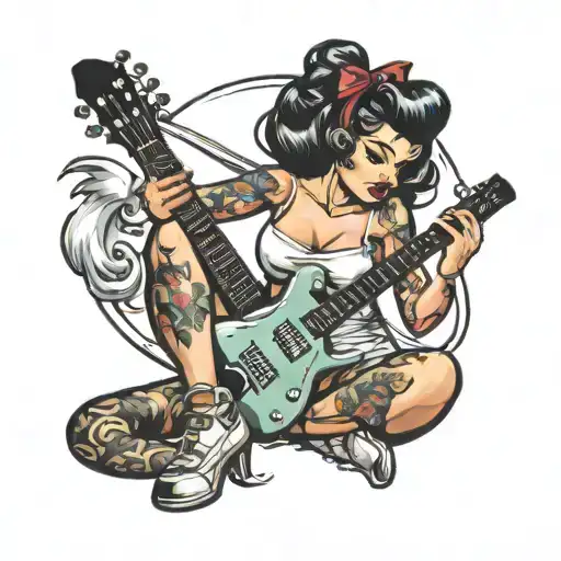 pin up girl squating with electric guitar tattoo design idea