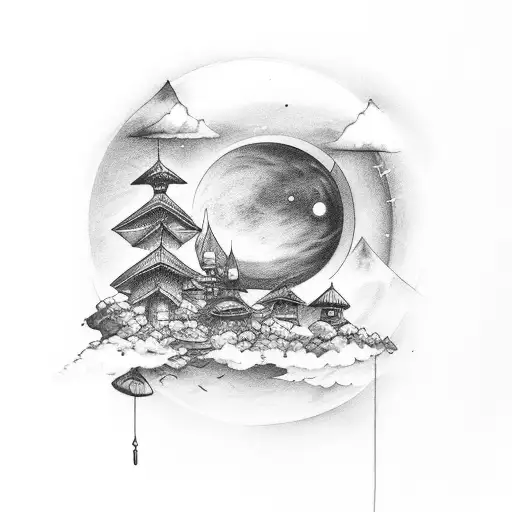 Laterne umgeben von Wolken, regnet in Strömen, nacht tattoo design idea