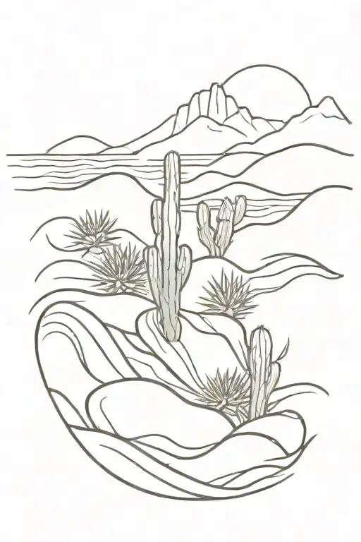 A realistic depiction of a cactus garden with ocean waves crashing in the background tattoo design idea