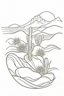 A realistic depiction of a cactus garden with ocean waves crashing in the background tattoo design idea