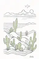 A realistic depiction of a cactus garden with ocean waves crashing in the background tattoo design idea