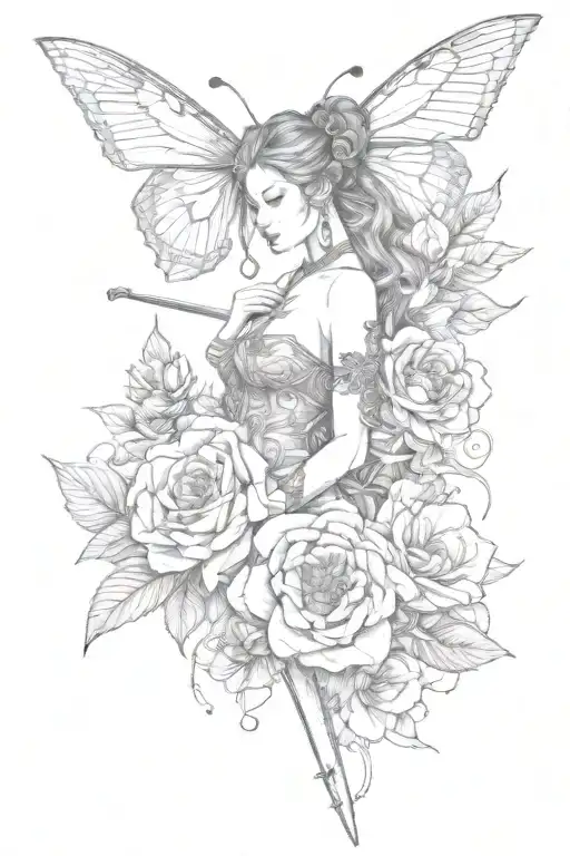 mendella with snake coiled around a sword big flowers and lines with tear drops running down side of body with butterfly tattoo design idea