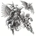 full sleeve war angels fighting demons tattoo design idea