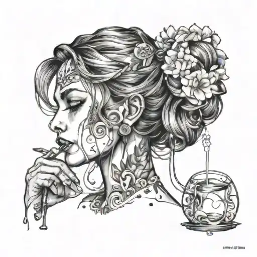 Draw the girl's face in profile, where she holds a test tube in her hand and pours water on her face tattoo design idea