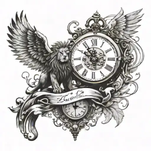 Clock and wings and lion head with scratches and anchor and scale with heart and mind and two realistic hands reaching  tattoo design idea