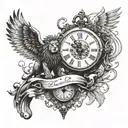 Clock and wings and lion head with scratches and anchor and scale with heart and mind and two realistic hands reaching  tattoo design idea