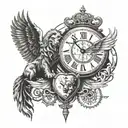 Clock and wings and lion head with scratches and anchor and scale with heart and mind and two realistic hands reaching  tattoo design idea