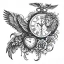 Clock and wings and lion head with scratches and anchor and scale with heart and mind and two realistic hands reaching  tattoo design idea