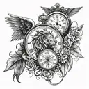 Clock and wings and lion head with scratches and anchor and scale with heart and mind and two realistic hands reaching  tattoo design idea