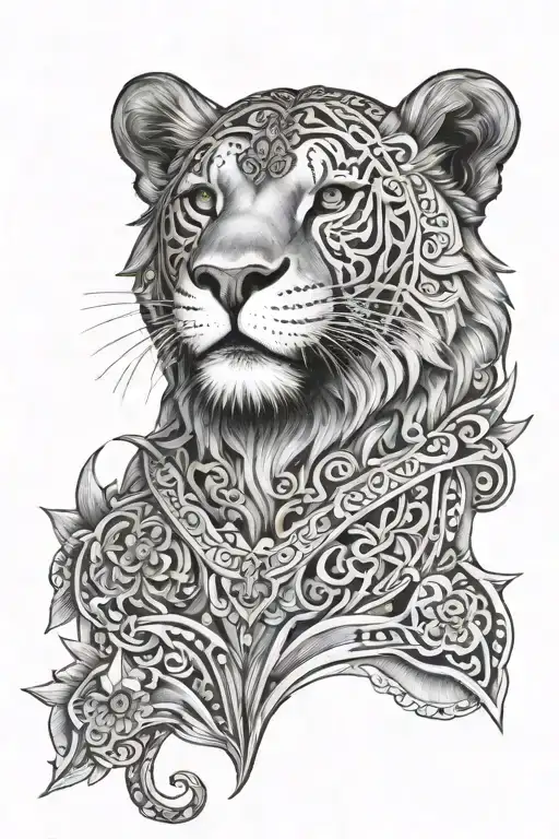 leo and mandals chest neck black work tattoo design idea