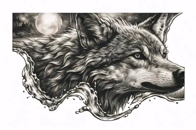 the little wolf looks into the water and sees himself as a big wolf tattoo design idea