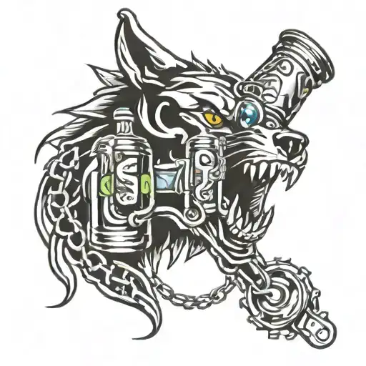 bike chain, beer can, wolf head tattoo design idea