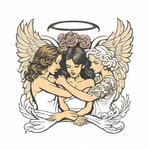 3 sisters holding hands with middle sister angel wings  tattoo design idea