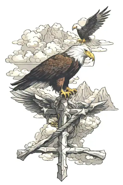 I want a cross with clouds, mountains, and an eagle flying in the sky along with a Philippians 4:13 verse tattoo design idea