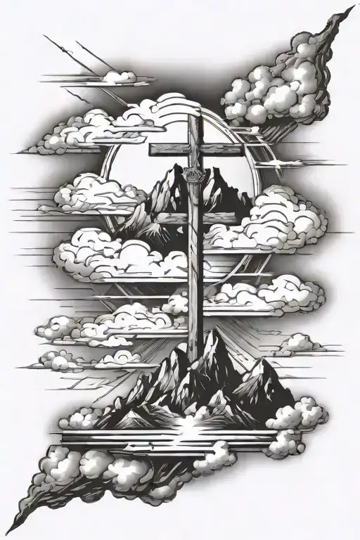 I want a cross with clouds, mountains, a Philippians 4:13 verse tattoo design idea