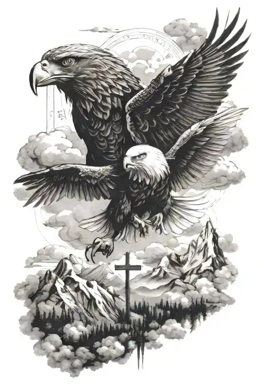 I want a cross with clouds, mountains, and an eagle flying in the sky along with a Philippians 4:13 verse tattoo design idea