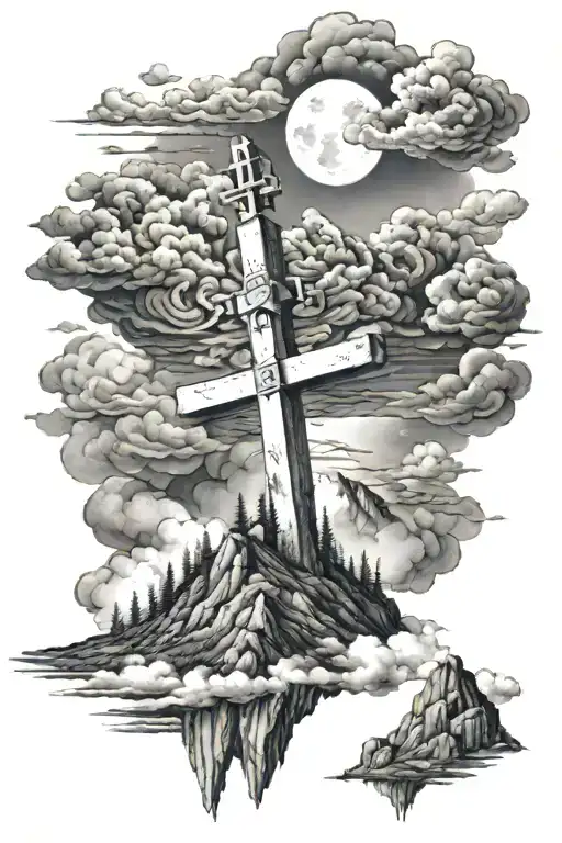 I want a cross with clouds, mountains, a Philippians 4:13 verse tattoo design idea