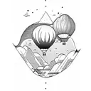 A whimsical hot air balloon floating over a landscape of mountains and forests, representing the freedom and adventure of travel tattoo design idea
